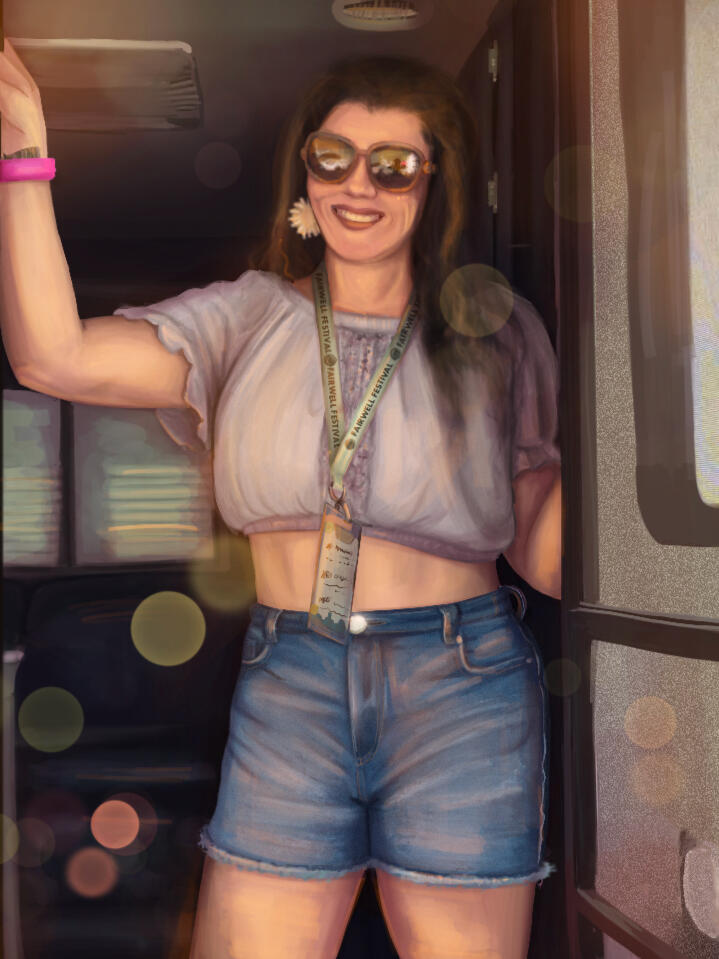 Drawing of a middle age woman smiling in the doorway of a camper