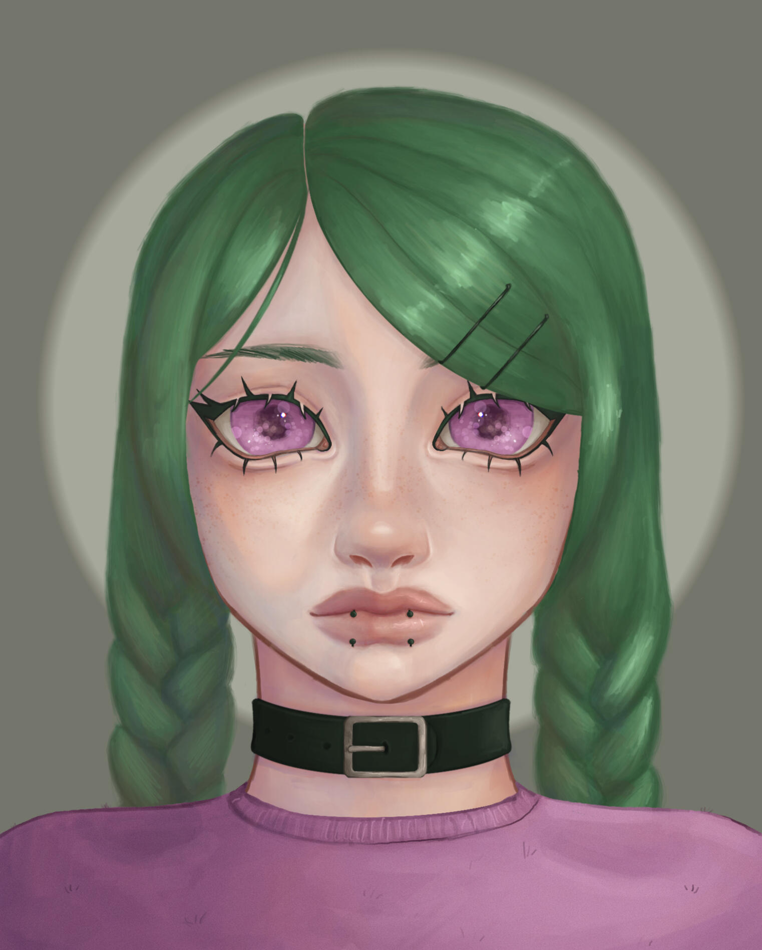 Drawing of a green haired, pink eyed girl with a choker
