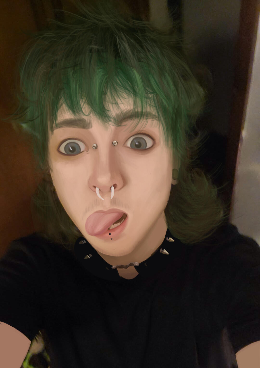 Drawing of a green haired white person sticking out their tounge