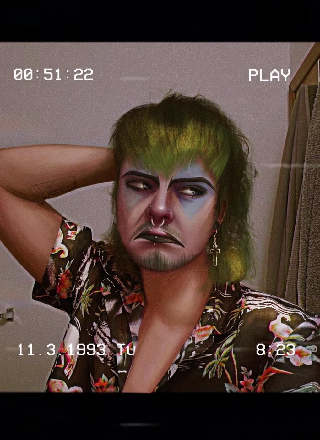 Drawing of a person in clown makeup with a filer over it