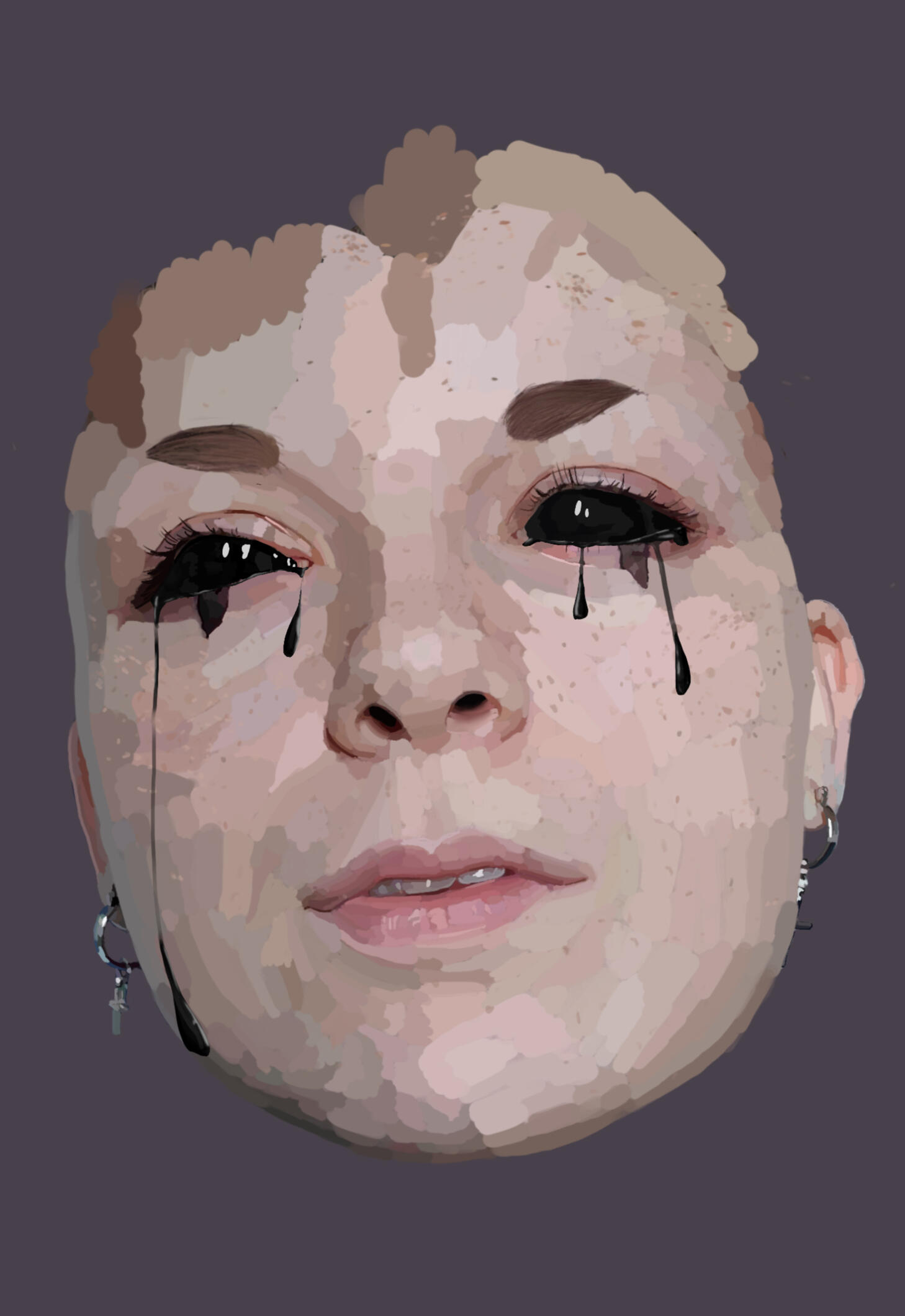 Drawing of a face with black eyes and tears