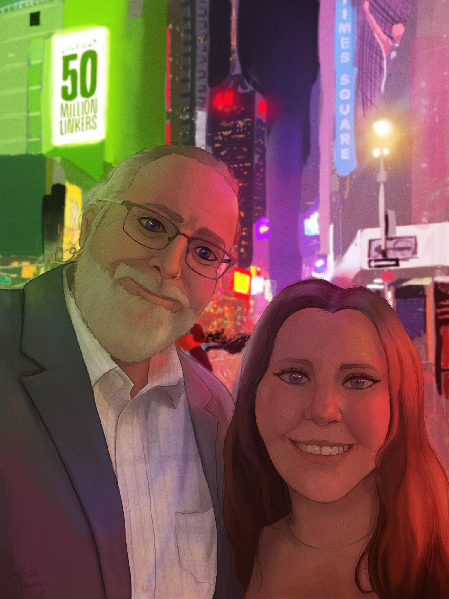 Drawing of a man and woman smiling together in a colorful city