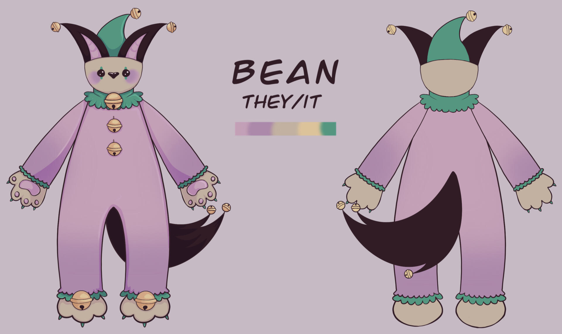 Bean An image of an original jester-like character from front and back