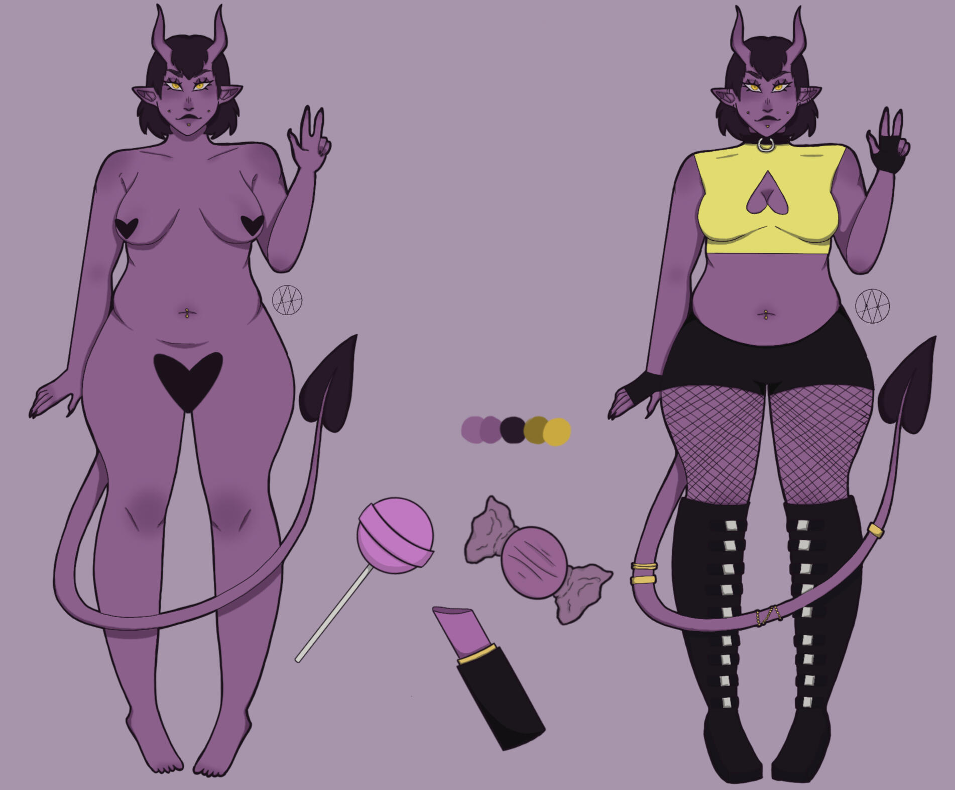 Drawings of a curvy purple demon woman