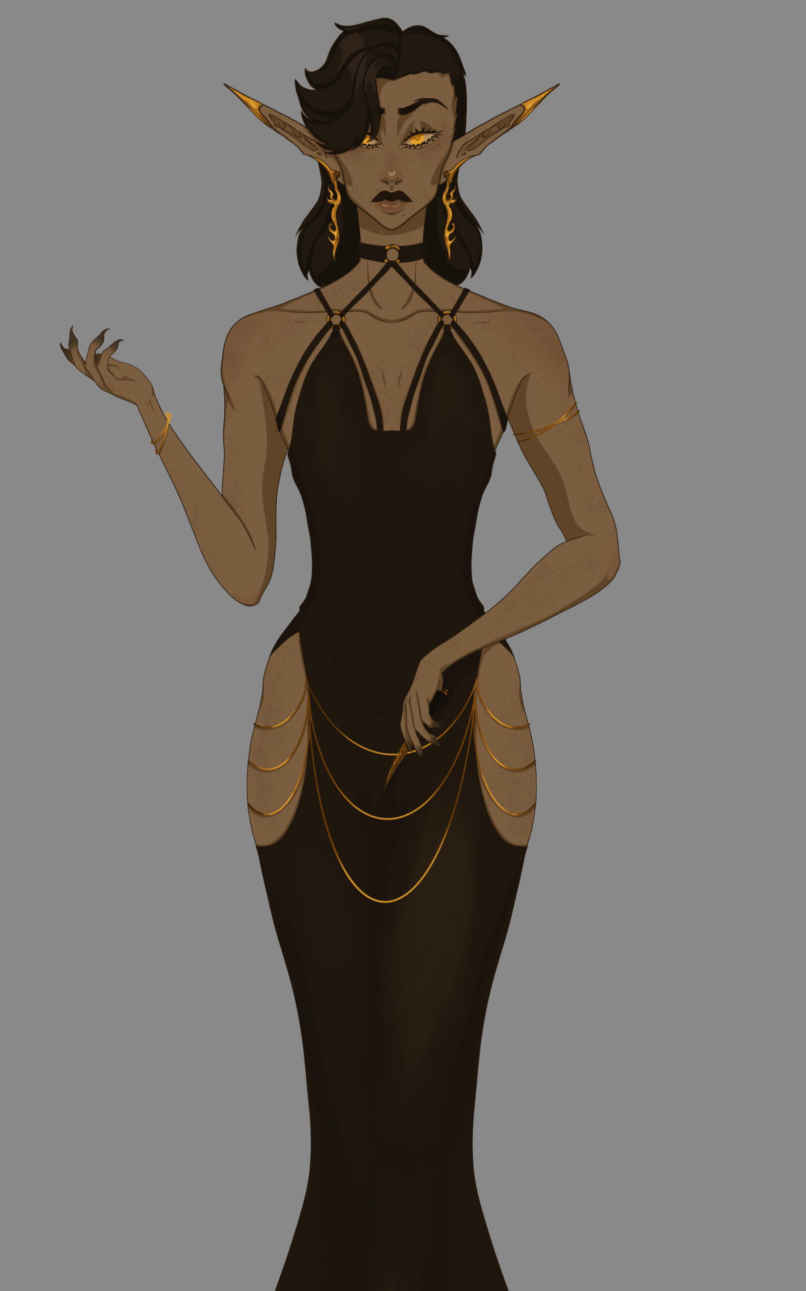 Images of freckled elven-looking man with gold eyes and jewelry in a black dress holding a gold dagger
