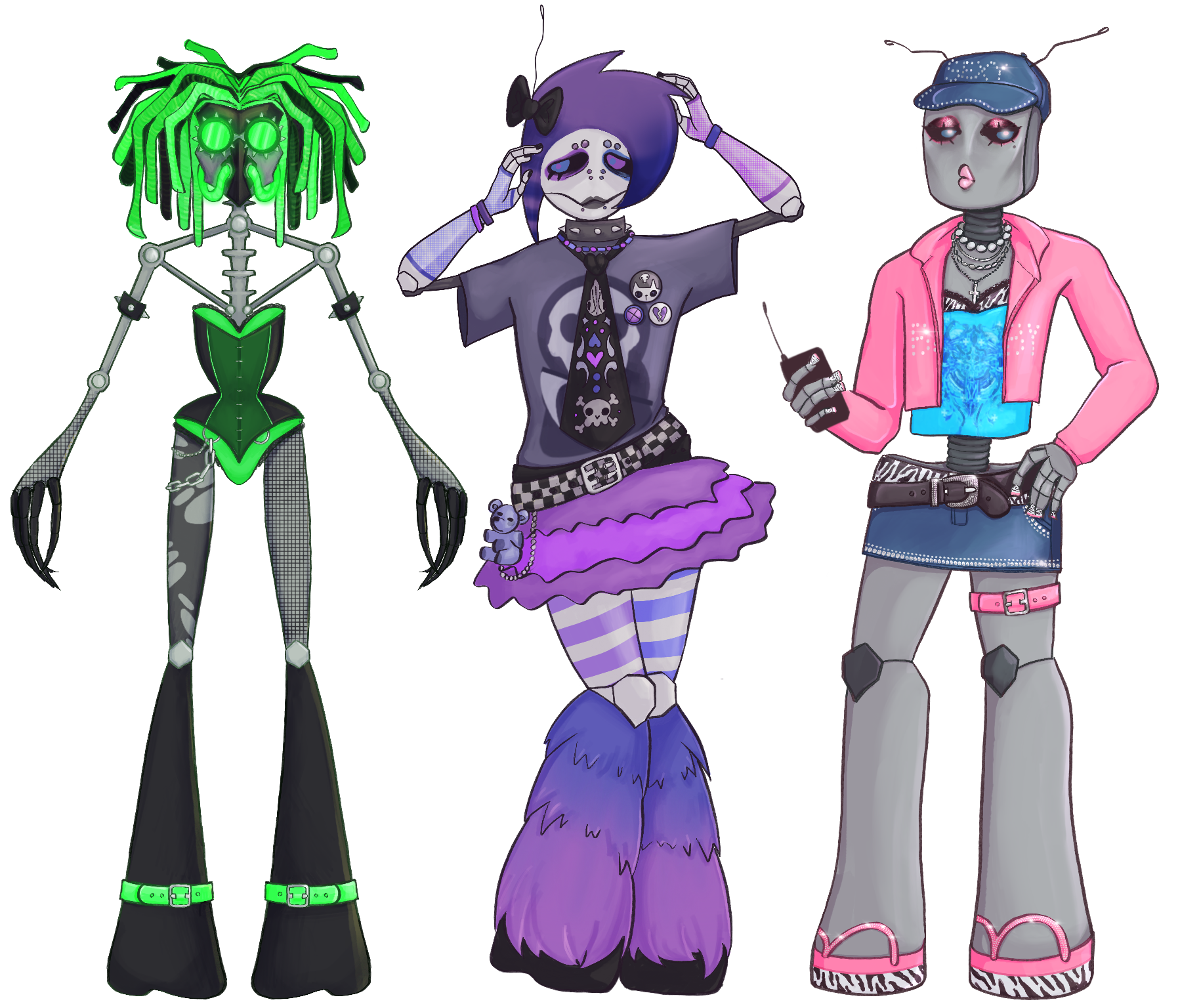Images of three drawn robots, each reflecting a early 2000's alt fashion.