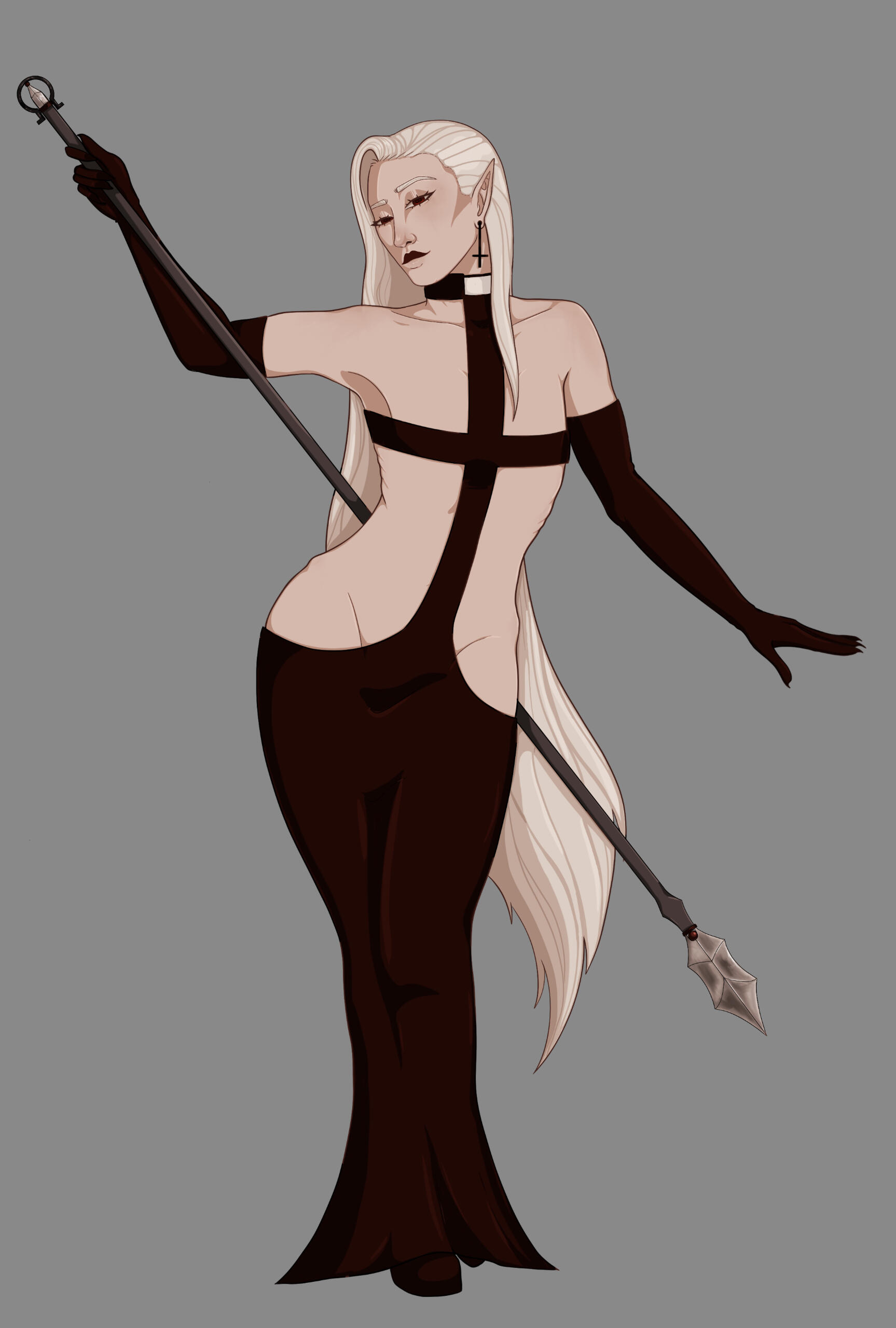 Images of a tall pale man in a black dress with a spear