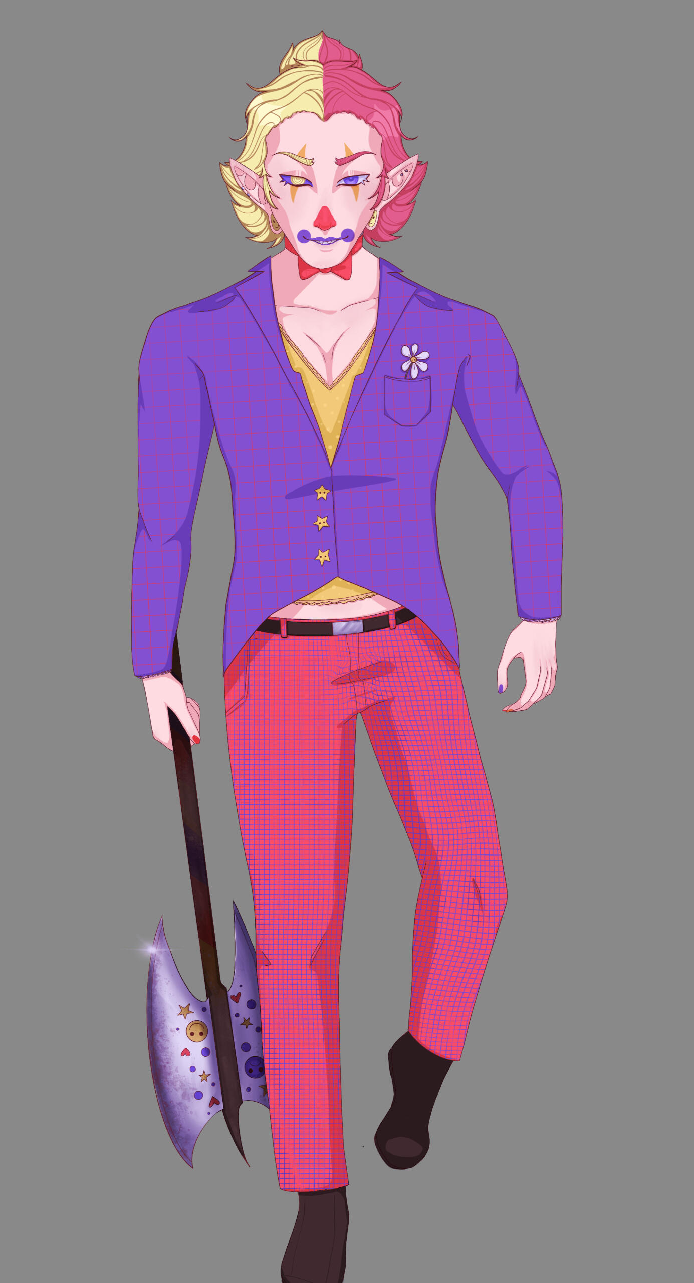 Images of a clown man in a colorful pattern covered suit holding a blood stained axe