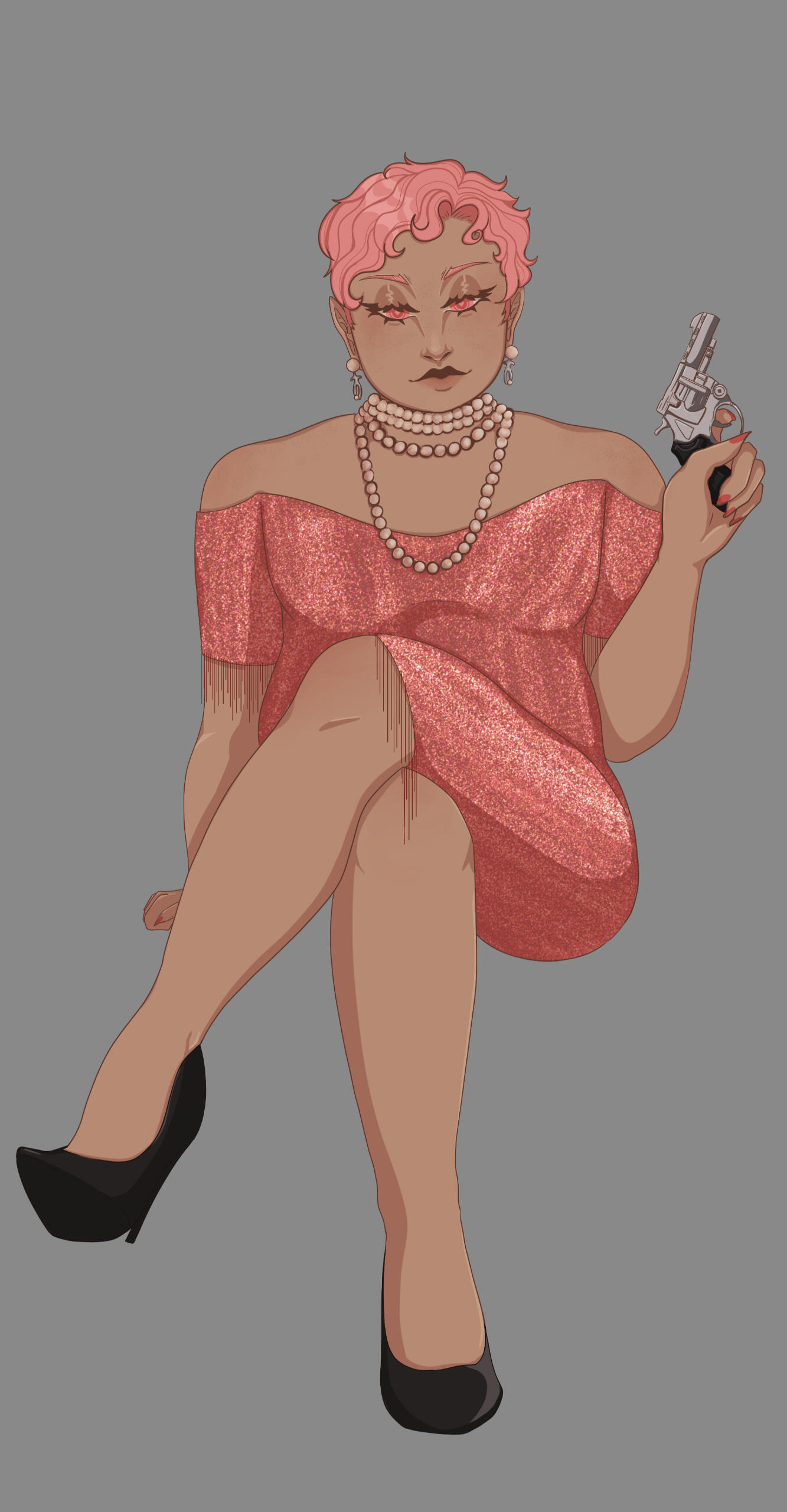 Images of a ginger man in a pink sparkly flapper dress holding a revolver