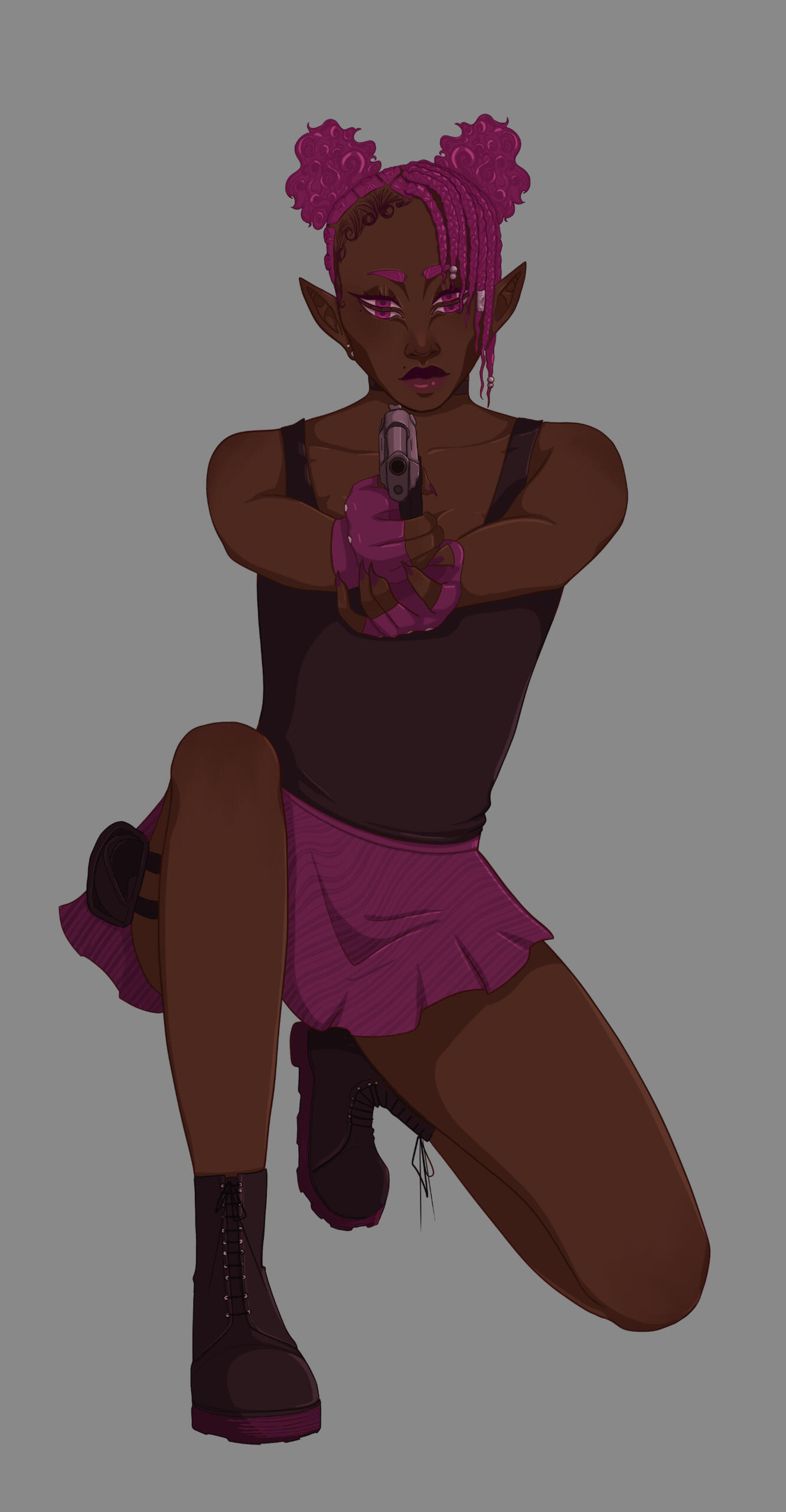 Images of a four eyed black woman with pink braids kneeling down and pointing a gun at viewer