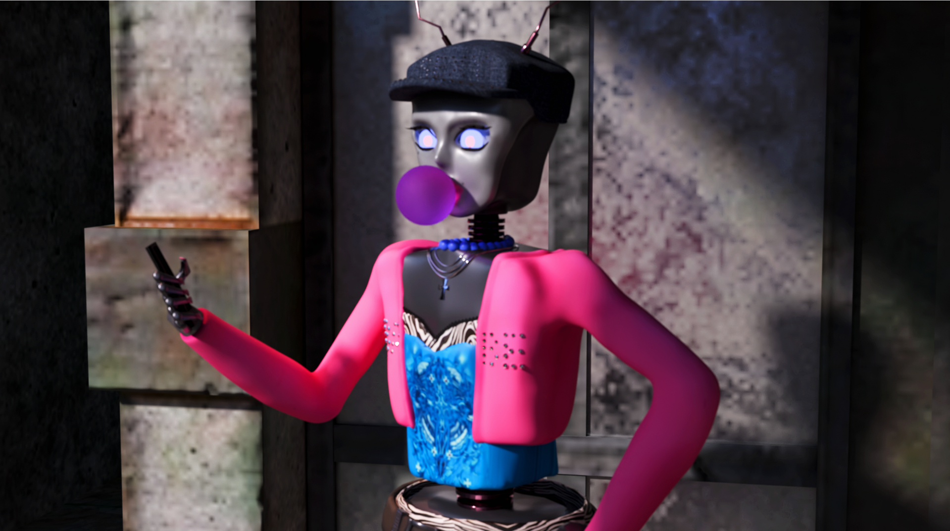Images of a robot in y2k mcbling fashion on an abandoned street