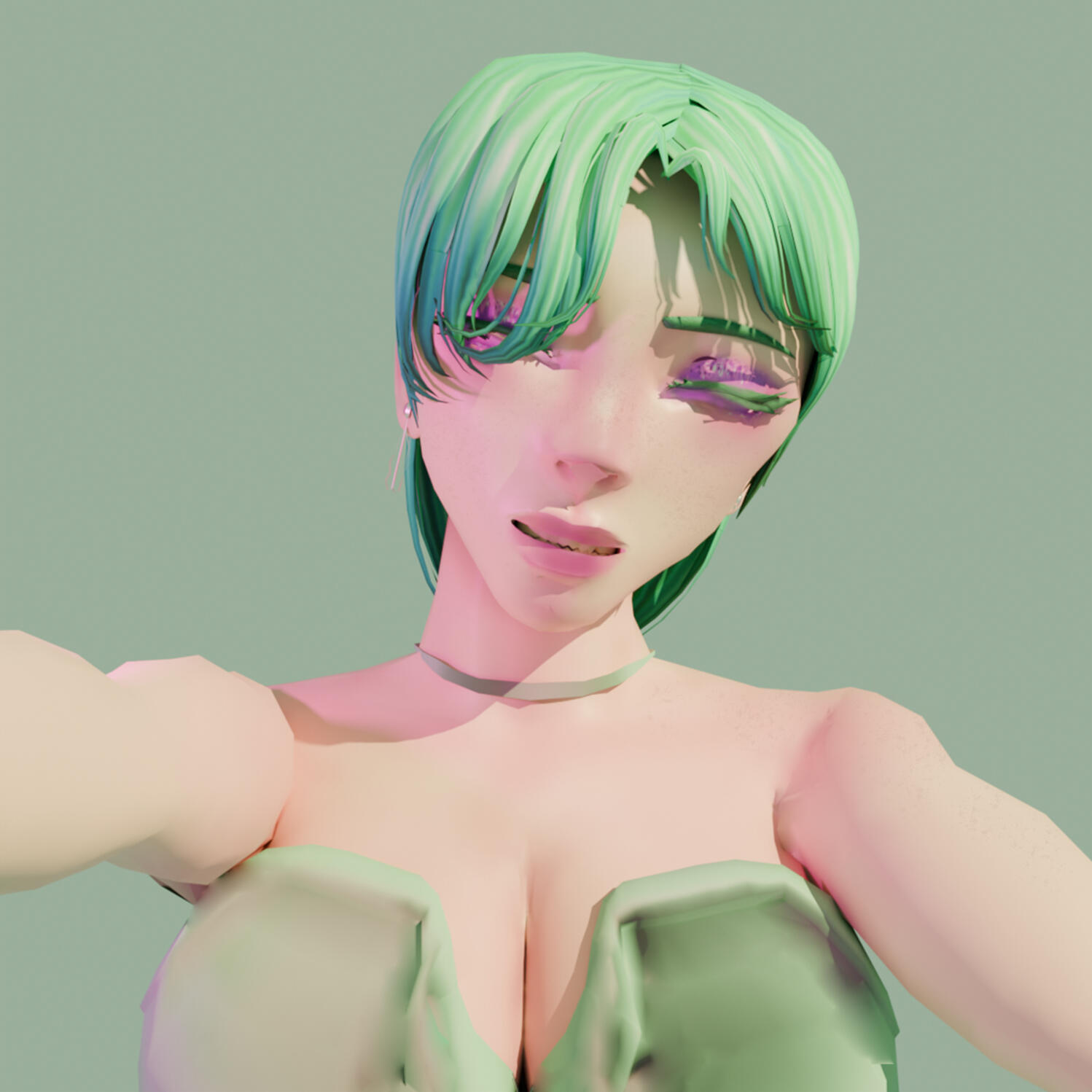 3D render of the front of LiannaLilac's VR model blinking happily
