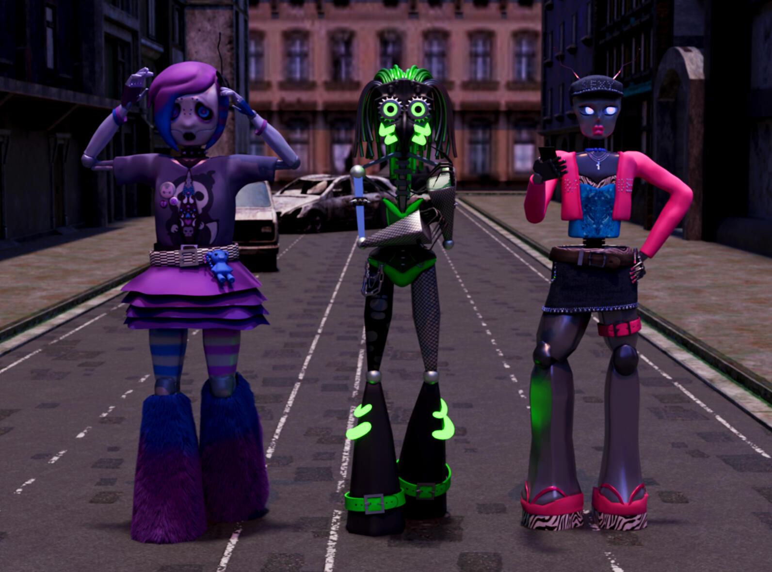 Images of a the three bots lined up on an abandoned street