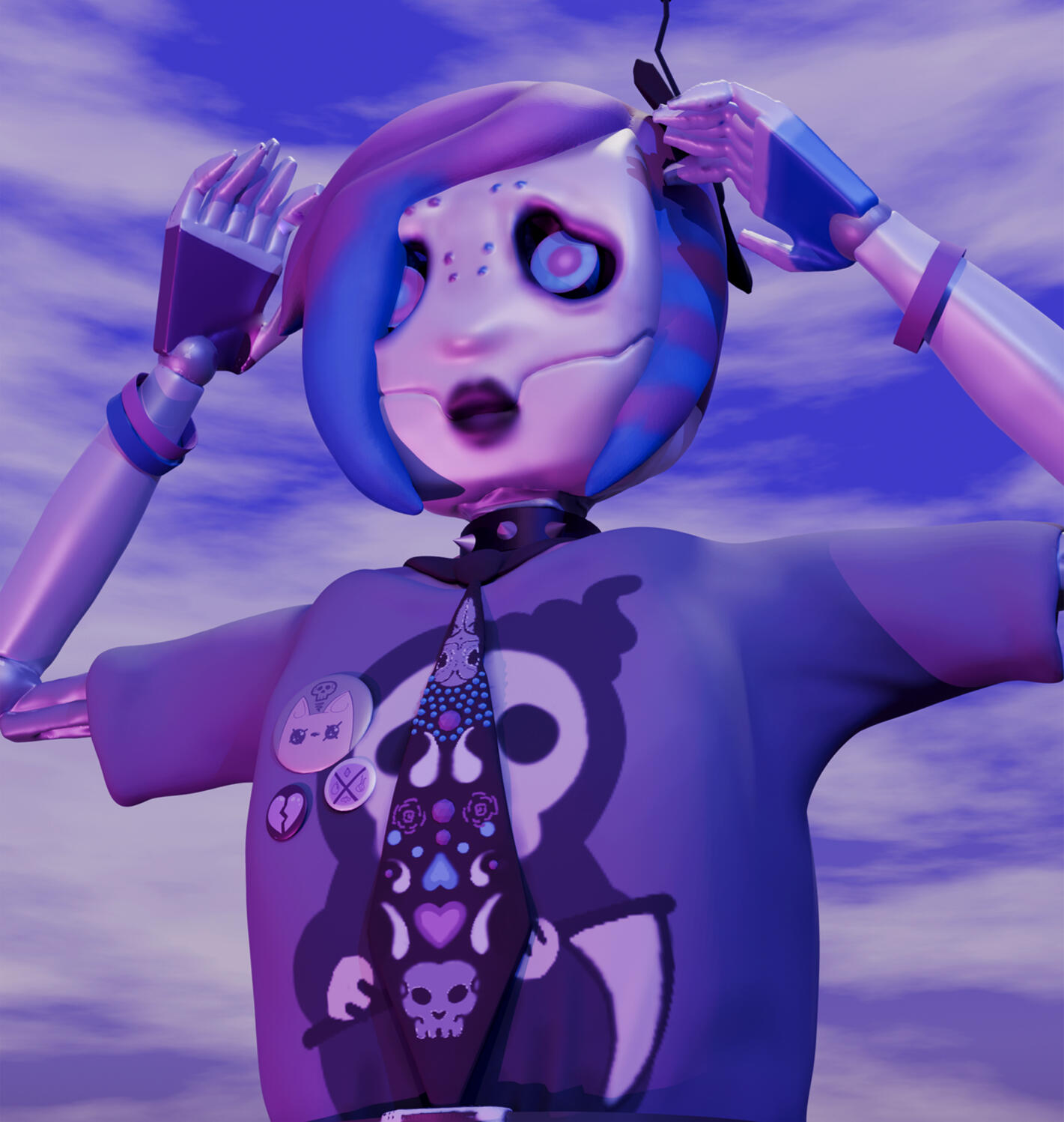 Images of a robot in blues and purples in scene fashion.