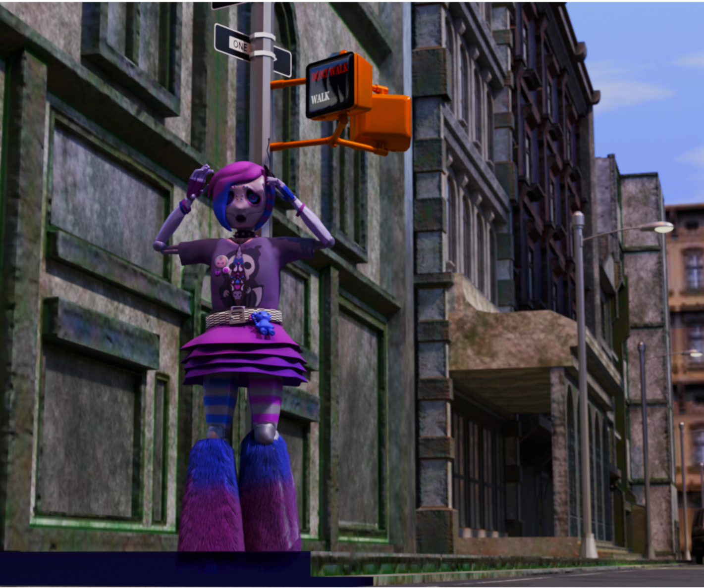 Scene on the Street Images of a robot in blues and purples in scene fashion on a abandoned street