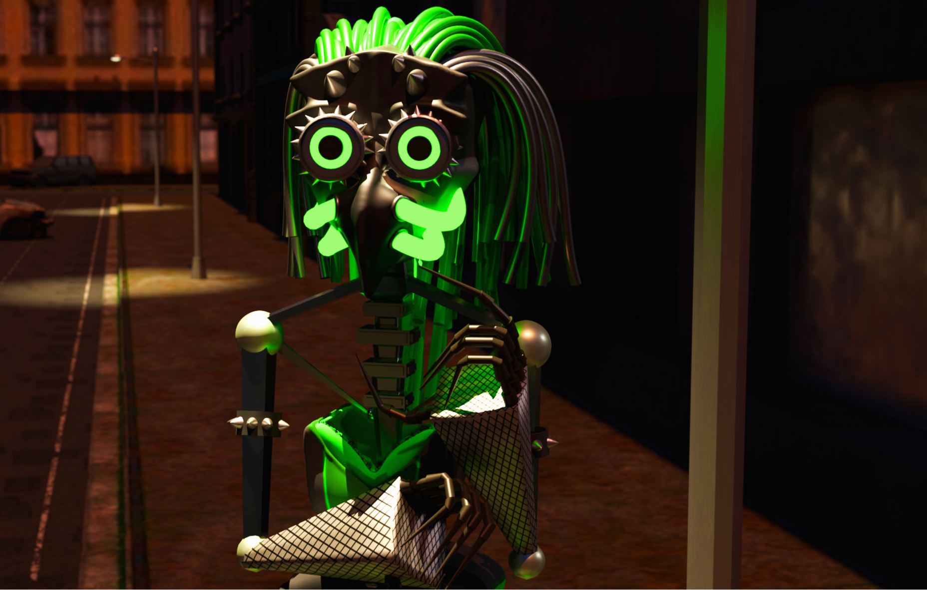 Cybergoth Render 2 Images of a robot in greens and black in cybergoth fashion