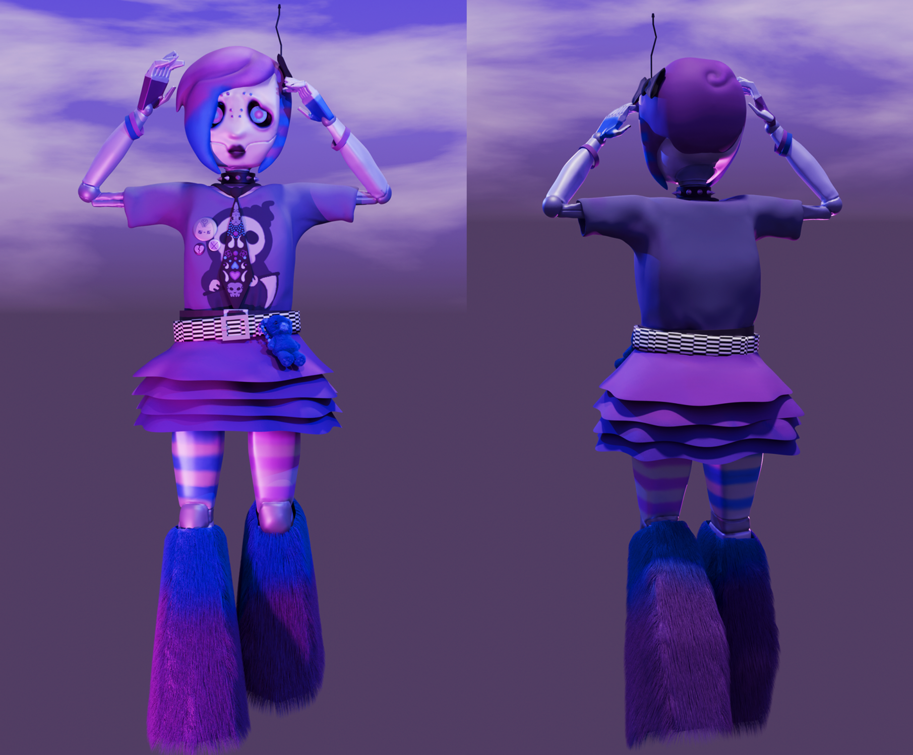 Scene Bot Render 1 Images of a robot in blues and purples in scene fashion.