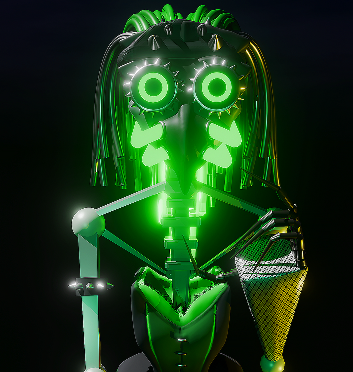 Cybergoth Render 2 Images of a robot in greens and black in cybergoth fashion