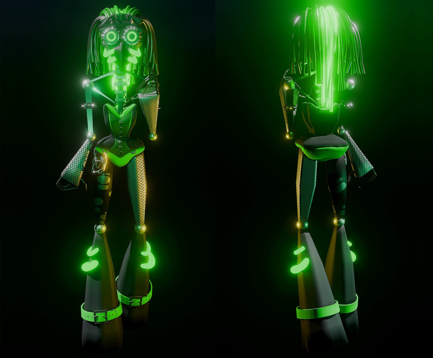 Images of a robot in greens and black in cybergoth fashion